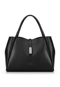 Schwarze Handtasche aus glattem Leder, mit strukturiertem Design, doppelten Griffen und einem rechteckigen metallic Verschluss in der Mitte oben.