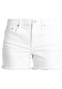 Shorts de mezclilla blanca con cintura alta, dobladillo deshilachado y diseño de cinco bolsillos. Presenta un cierre frontal con botón metálico y cremallera.