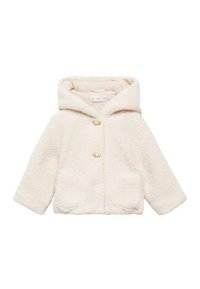 Kremvärinen tekoturkis takki huoodilla, jossa on kaksi etutaskua ja kultaiset napit. Takissa on teksturoitu, pehmeä kangas ja lyhyet hihat.