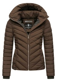 Brown puffer jacket with chevron quilted pattern, front zipper, a large hood, and ribbed cuffs. Interior features a branded label.