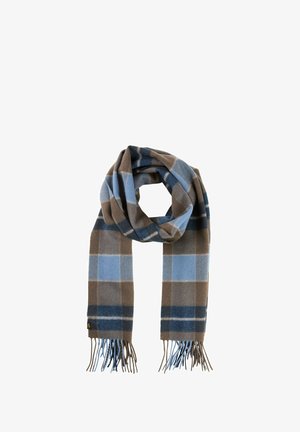 Geruite sjaal in blauw en bruin, gemaakt van zacht materiaal, heeft franjes aan de randen en een geruit patroon met verschillende kleurvariaties.