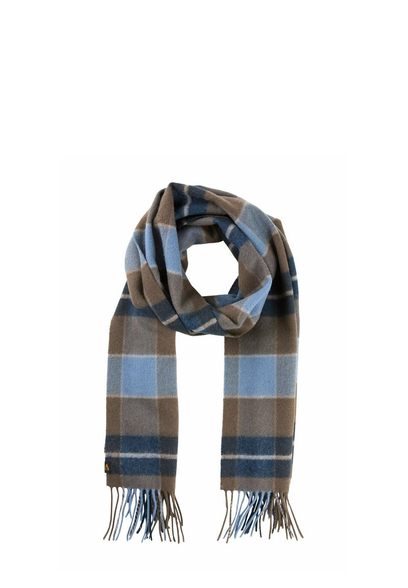 Écharpe à carreaux bleu et marron, fabriquée en tissu doux, avec des bords à franges et un motif à carreaux aux nuances de couleurs variées.