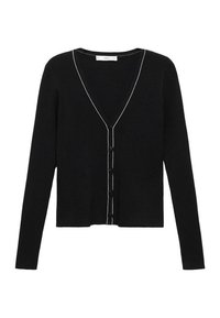 Cardigan noir à côtes avec un col en V, des manches longues et une couture blanche contrastante le long du bord et de la patte de boutonnage. Il comprend six boutons.