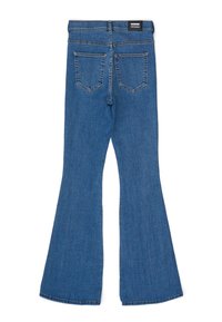 Blue denim jeans with flared legs, two back pockets, and a black label on the waistband reading "ORDENIM."