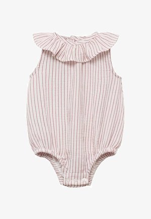 Gestreepte baby romper met een gerimpelde halslijn, gekenmerkt door dunne roze en witte verticale strepen. Knopensluiting aan de onderkant voor gemakkelijk aankleden.