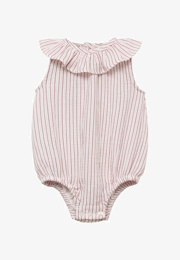 Prugasta otroška oblačila z nabranim ovratnikom, ki ima tanke roza in bele vertikalne črte. Gumbna zapirala na dnu za enostavno oblačenje.