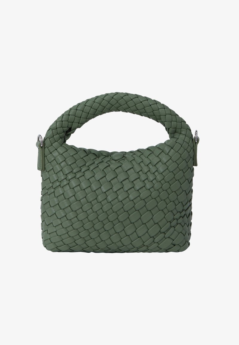 Bolso de cuero verde trenzado con un asa redondeada, forma rectangular, textura suave y un brillo sutil por el acabado del material.