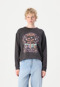 Dark gray sweatshirt with a relaxed fit and cropped hem, featuring a colorful graphic design of palm trees and tropical elements.