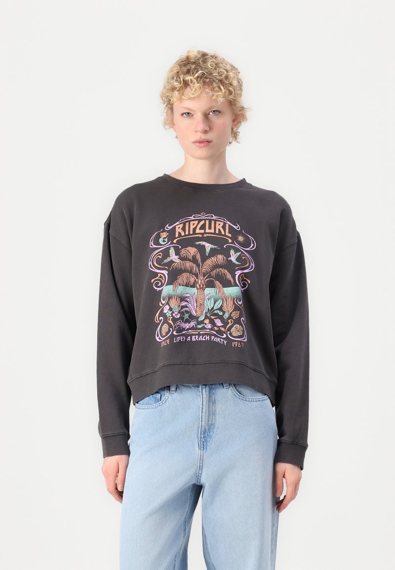 Dark gray sweatshirt with a relaxed fit and cropped hem, featuring a colorful graphic design of palm trees and tropical elements.
