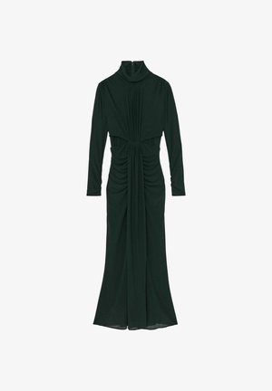 Sötétzöld, hosszú ujjú ruha magas nyakkal, szGathered részletekkel a deréknál és lágy sziluettel. Simma anyagból készült.