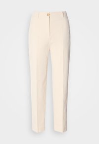 Cremfarbene, hochtaillierte Hose aus strukturiertem Stoff. Mit einem Knopfverschluss vorne und schmal zulaufenden Beinen.