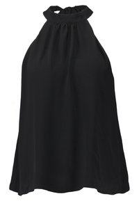 Czarny top na halter wykonany z lekkiego materiału, z marszczoną szyją i zwiewnym krojem; gładka tekstura z minimalistycznym wzornictwem.