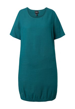 Türkisfarbenes Tunika-Kleid mit kurzen Ärmeln, Rundhalsausschnitt und gerafftem Saum, aus leichtem Stoff gefertigt.