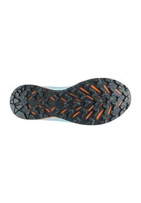 Sort ydersål med aggressive trekantede lugs, orange accenter og et letvægts, fleksibelt design. Velegnet til greb på varieret terræn.