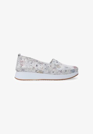 Slip-on shoe with a floral-patterned fabric upper in light gray, white sole, and blue accents, featuring a cushioned platform for comfort.
