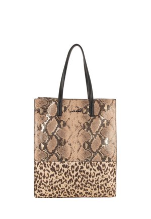 Borsa a spalla con una stampa lucida effetto pelle di serpente in beige e nero, con un fondo a stampa leopardo a contrasto e manici in pelle nera.