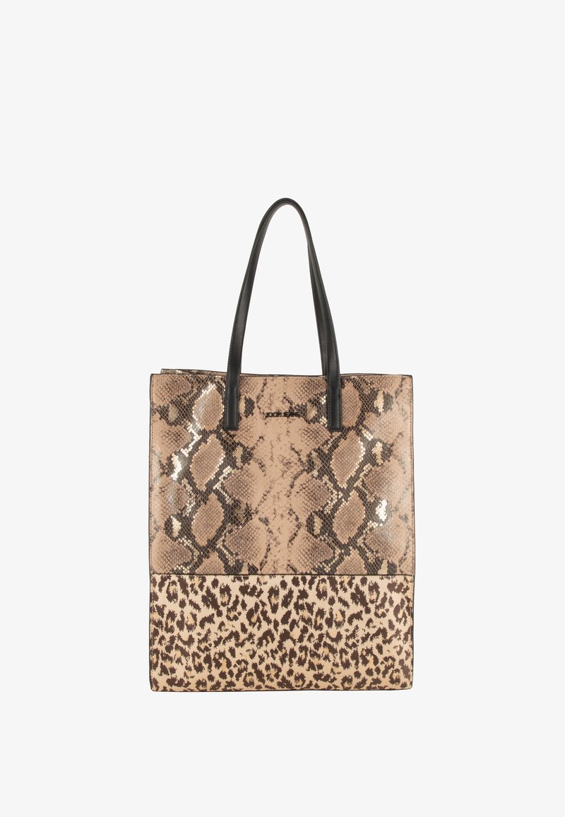 Torba na ramię z błyszczącym nadrukiem wężowej skóry w odcieniach beżu i czerni, z kontrastującym dnem w leopardzi wzór oraz skórzanymi uchwytami w kolorze czarnym.