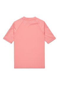 Růžový krátký rukáv rash guard tričko vyrobené z elastického, hladkého materiálu s kulatým výstřihem a plochými švy. Bez viditelných log a vzorů.