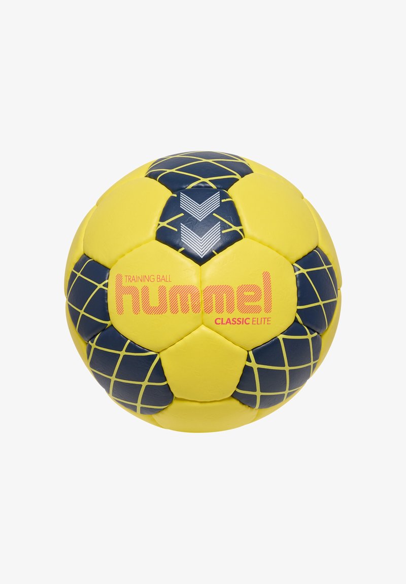 Geel en marineblauwe handbal met rasterpatronen en "hummel Classic Elite" branding in rode tekst op een witte achtergrond.