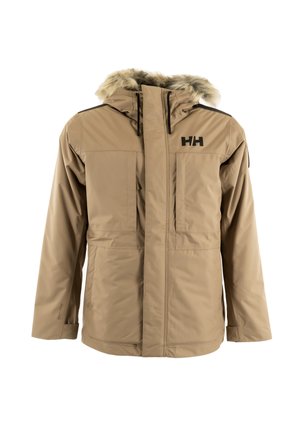 Veste isolante beige avec une capuche doublée de fourrure, deux poches avant et un logo noir. Texture lisse avec une coupe droite et des poignets ajustables.