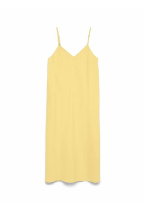 Robe midi jaune sans manches avec fines bretelles spaghetti réglables et décolleté en V, présentée sur fond blanc.