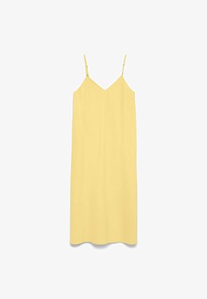 Robe midi jaune sans manches avec fines bretelles spaghetti réglables et décolleté en V, présentée sur fond blanc.