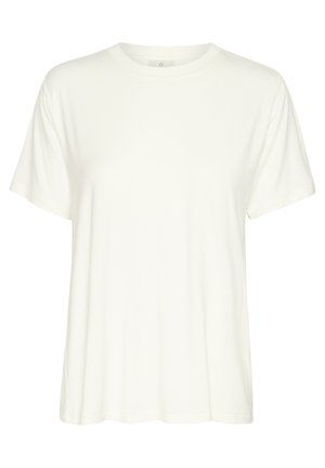 Valkoinen lyhythihainen t-paita, joka on valmistettu pehmeästä kankaasta. Siinä on pyöreä kaula-aukko ja rento istuvuus, sileä pinta ja ei näkyviä kuvioita.
