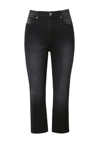 Jeans de mezclilla negra recortados con una cintura ajustada, diseño de cinco bolsillos, botón plateado y un ligero desgaste. Corte recto y textura suave.