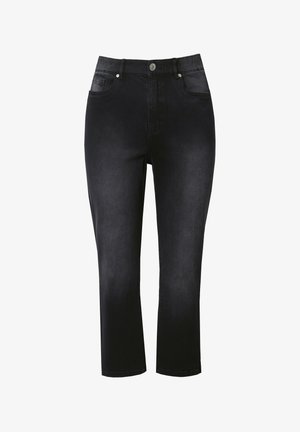 Zwarte denim cropped jeans met een aansluitende taille, vijf zakken, zilveren knoop en subtiele vervaging. Recht model en een gladde textuur.