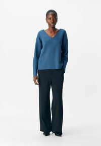 Donna in piedi che indossa un maglione blu a scollo a V, pantaloni neri a gamba larga e scarpe nere con punta appuntita su uno sfondo bianco semplice.