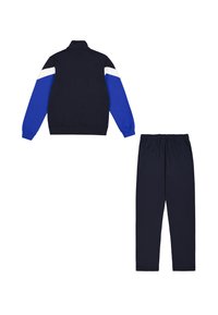 Tuta navy con giacca con zip e accenti blu e bianchi, e pantaloni navy abbinati con vita elastica. Tessuto morbido.