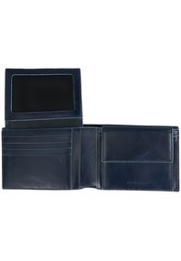 Portefeuille en cuir bleu marine, design pliant avec plusieurs emplacements pour cartes, une poche transparente pour l'identité et une texture lisse. Des coutures discrètes soulignent les bords.