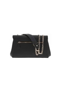 Borsa a tracolla in pelle nera con un design strutturato, dotata di una chiusura superiore a zip e una tracolla a catena removibile. Finitura texturizzata e dettagli in metallo.