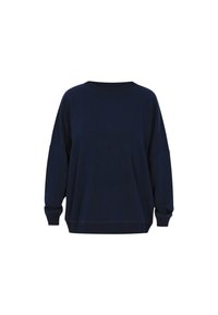 Námořnická modrá oversized mikina vyrobená z měkké látky, s kulatým výstřihem, spadlými rameny a žebrovanými manžetami. Jednoduchý a minimalistický design.