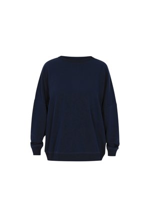 Tumesinine üleliigne sweatshirt, mis on valmistatud pehmest kangast, omab ümmargust kaelust, langenud õlgu ja soonikkoes varrukaid. Lihtne ja minimalistlik disain.