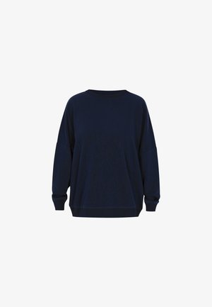 Tumesinine üleliigne sweatshirt, mis on valmistatud pehmest kangast, omab ümmargust kaelust, langenud õlgu ja soonikkoes varrukaid. Lihtne ja minimalistlik disain.
