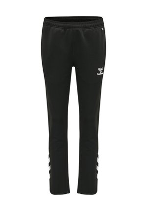 Pantaloni sportivi neri con elastico in vita, caratterizzati da un logo bianco e tre strisce diagonali bianche sui lati. Tessuto morbido.