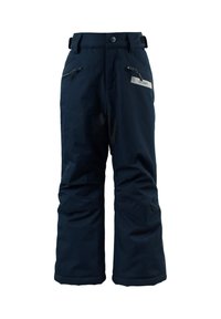 Marineblaue Schneehosen aus wasserabweisendem Material mit verstellbarem Bund, mit Reißverschlüssen ausgestatteten Taschen und verstärktem Kniebereich für zusätzliche Robustheit.