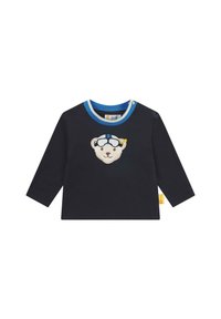 Černá longsleeve košile s modrým a světlemodrým límečkem. Obsahuje vyšitý obrázek medvěda nosícího brýle. Na boku je štítek.