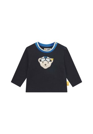 Zwarte langemouwen shirt met een blauwe en lichtblauwe kraag. Bevat een geborduurde beer met een bril. Inclusief een label aan de zijkant.