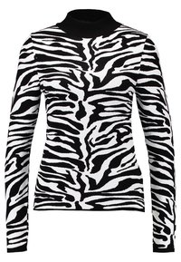 Czarny i biały sweter golfowy z długim rękawem w wzór zebry, dopasowany w kształcie, z kontrastującym, jednolitym czarnym kołnierzem.