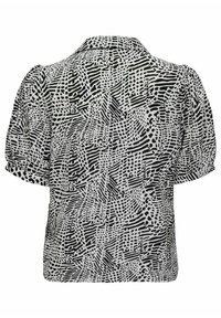 Blouse à manches courtes avec un motif abstrait noir et blanc, dotée d'un col et de détails de boutons à l'arrière. Fabriquée en tissu léger.