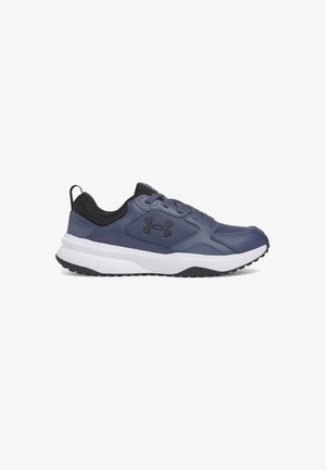 Navy blue athletic shoe with a textured synthetic upper, black accents, white midsole, and a black rubber outsole. Features a lace-up design.