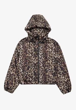 Zkrácená leopardí bunda v odstínech hnědé a béžové, s kapucí, zipovým zapínáním a elastickými manžetami a lemem.