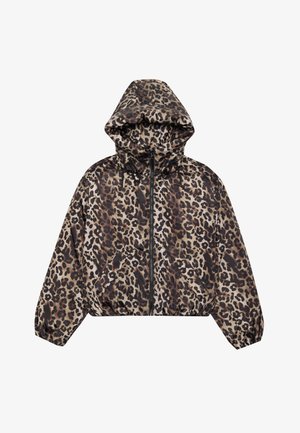 Zkrácená leopardí bunda v odstínech hnědé a béžové, s kapucí, zipovým zapínáním a elastickými manžetami a lemem.