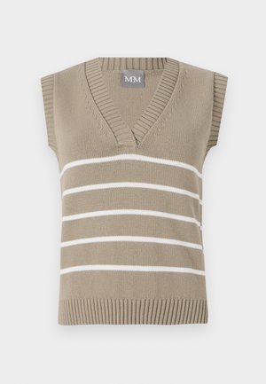Top tricotat bej fără mâneci, cu decolteu în V, având dungi orizontale albe și margine cu nervuri. Etichetă inscripționată "MM" la gât.