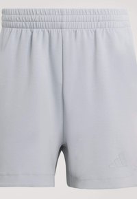 Jasnoszare szorty sportowe z elastycznym pasem, gładką teksturą i wypukłym logo po lewej stronie na dole.