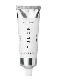 Weißes Metallrohr mit einem silbernen Drehverschluss, beschriftet mit "TULIP" und "TANGENTGC". Es enthält schwarzen Text, der es als organische Handcreme beschreibt.
