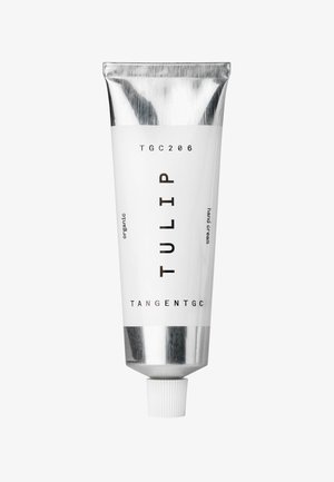 Weißes Metallrohr mit einem silbernen Drehverschluss, beschriftet mit "TULIP" und "TANGENTGC". Es enthält schwarzen Text, der es als organische Handcreme beschreibt.