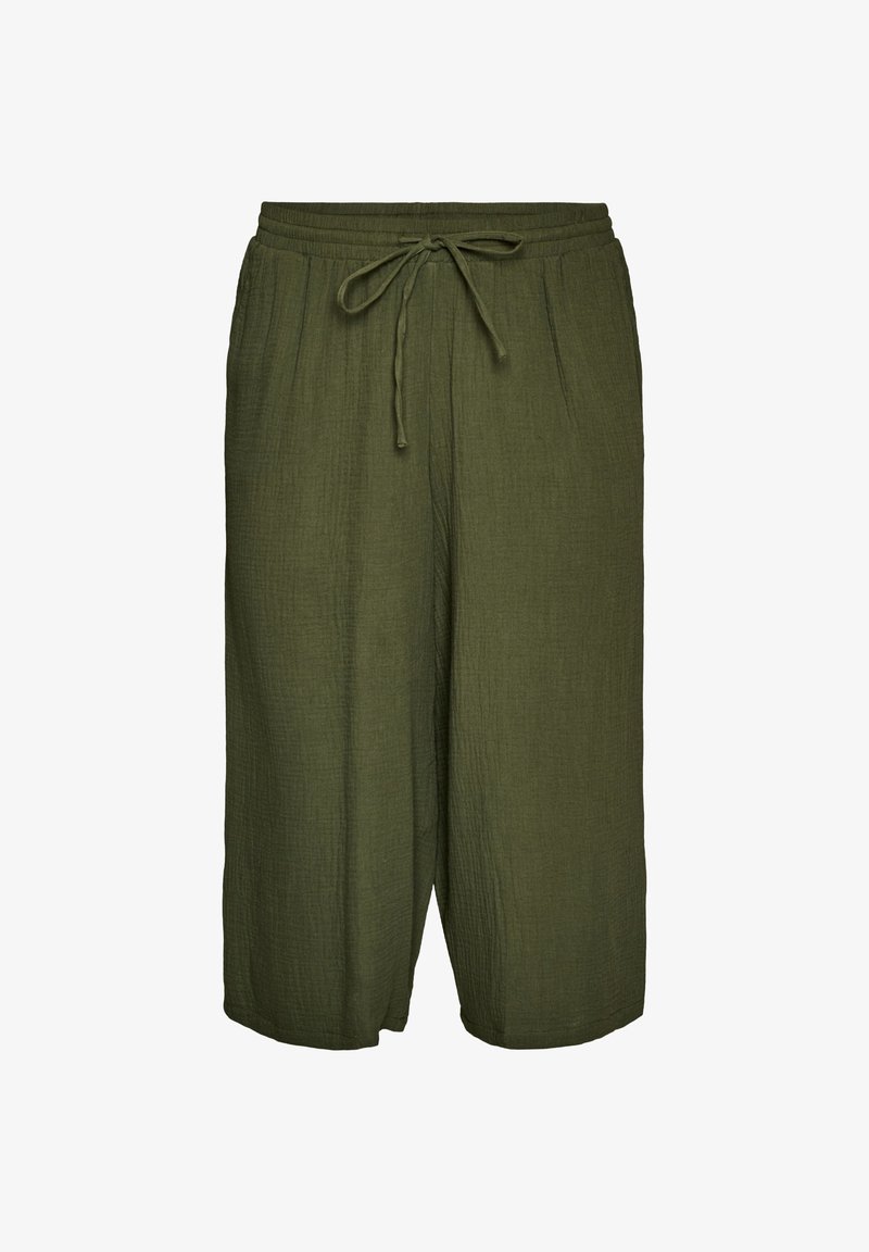 Pantalon large olive coupé court avec taille élastique et cordon réglable, fabriqué en tissu léger texturé.